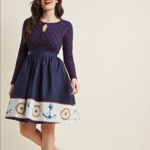 ModCloth Anchors Away Dress w/ Long Sleeves Size Medium Navy Blue